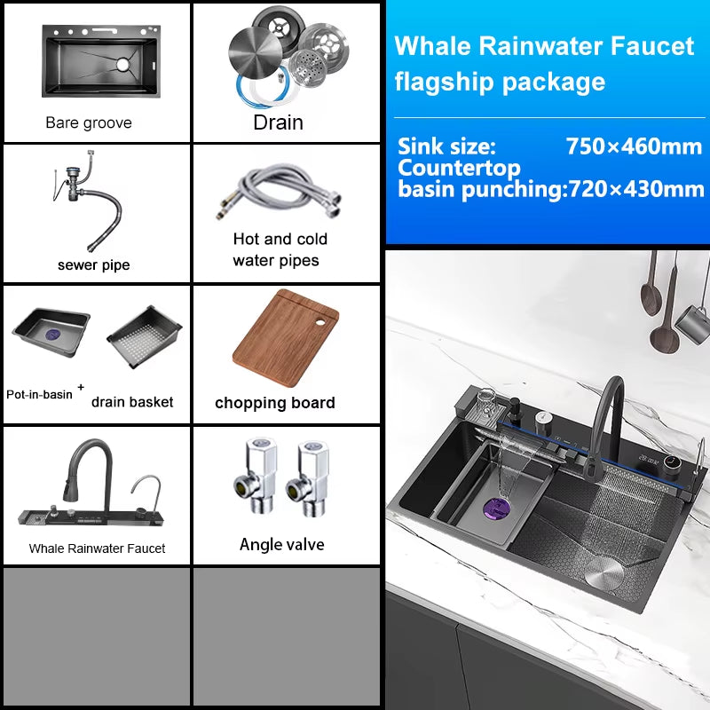 Stainless Steel Kitchen Sink with Waterfall 100X50Cm Extra Large Single Bowl Digital Display Multifunctional Dishwashing Sinks