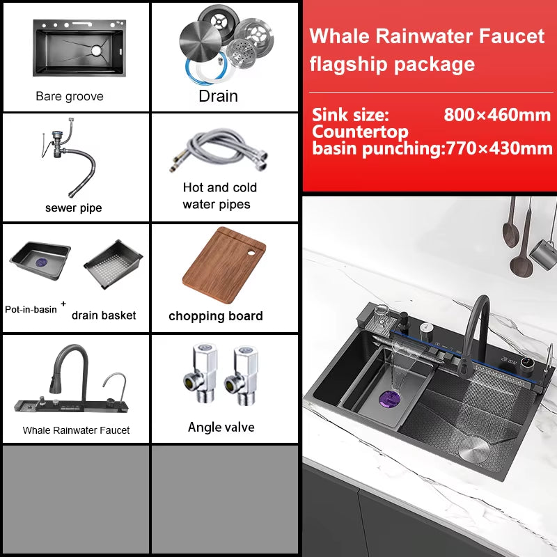 Stainless Steel Kitchen Sink with Waterfall 100X50Cm Extra Large Single Bowl Digital Display Multifunctional Dishwashing Sinks