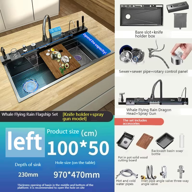 Stainless Steel Kitchen Sink with Waterfall 100X50Cm Extra Large Single Bowl Digital Display Multifunctional Dishwashing Sinks