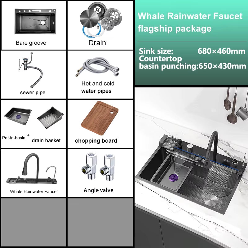 Stainless Steel Kitchen Sink with Waterfall 100X50Cm Extra Large Single Bowl Digital Display Multifunctional Dishwashing Sinks